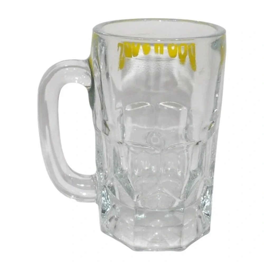 Vintage Dog n Suds Glass Beer Mug Stein Yellow Logo Paneled Faceted Base Clear